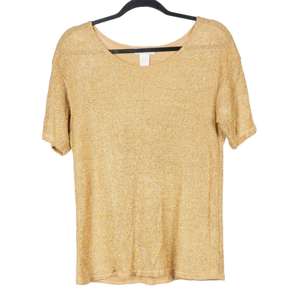VTG Metallic Gold Shirt S Boho Gypsy SS Knit Stretch Lurex Shiny Party Fairy